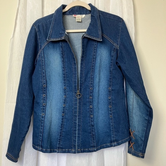 Ultra Pink Jackets & Blazers - Jean Jacket Woman’s Medium Denim Zip Jacket Shirt Coat Leather Suede Preowned